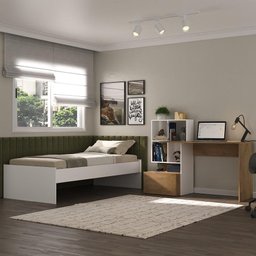 Conjunto Quarto Cama de Solteiro com Escrivaninha Multimóveis MP4124 Branco/Rustic - 1