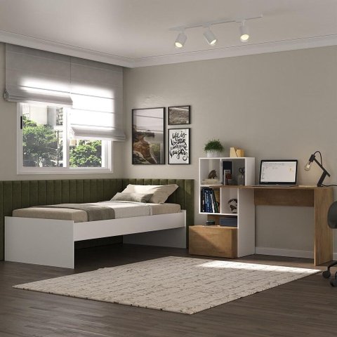 Conjunto Quarto Cama de Solteiro com Escrivaninha Multimóveis MP4124 Branco/Rustic