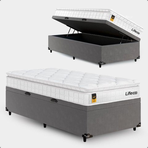 Cama Box Baú Solteiro Cinza + Colchão Life D33 Pillow Top 61x88x188cm Branco - e-Shop Casa