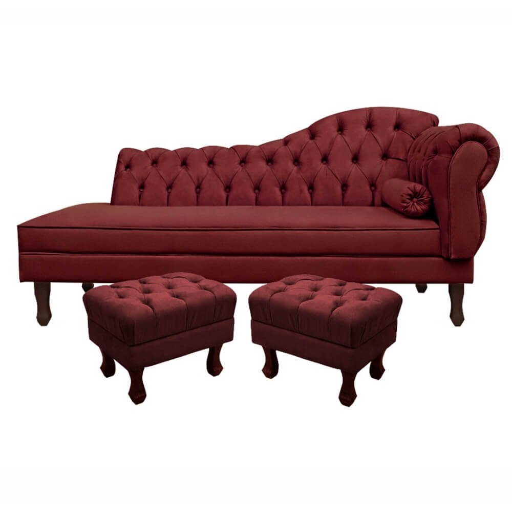 Divã Recamier Namoradeira Larissa 185cm com Capitonê - Esquerda + 02 Puffs Retrô Suede:vinho