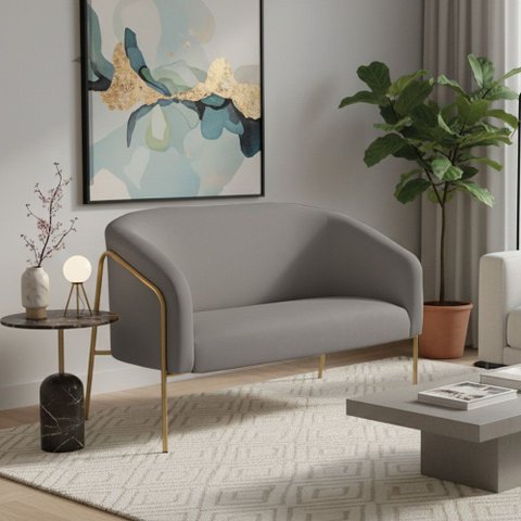Sofá 2 Lugares Namoradeira Stella Base Industrial Alta Dourada Suede D03 - D’Rossi