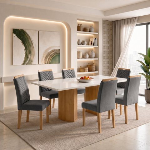 Conjunto de Mesa de Jantar 6 Lugares 160x80cm com Vidro e Cadeiras Cinamomo e Off White