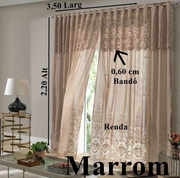 Cortina Sala Quarto 3,50x2,20 com Bando Renda Marrom - 2