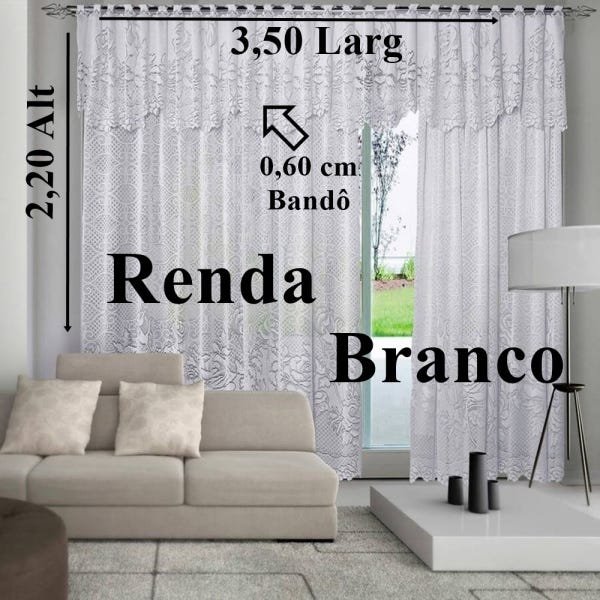Cortina Renda Roseiral Sala Branca 3,50x2,20 com Bando - 2