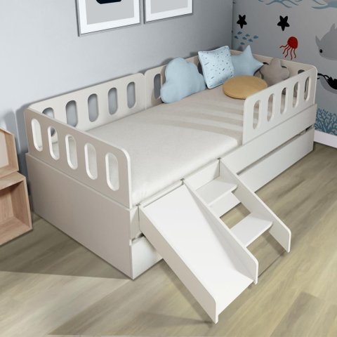 Bicama Solteiro Mdf Bp com Escadinha/escorrega 03 Grades e Cabeceira Megamobilia