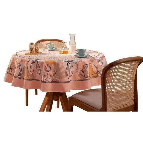 Toalha de Mesa Redonda 4 Lugares Lepper Pop 1,55m Algodão Poliéster Floral Canteiro Rosa