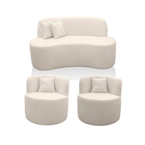 Kit 2 Poltrona com Sofá Curvo 2 Lugares Feijão Forma Orgânica 1,50 Bouclé Maranata