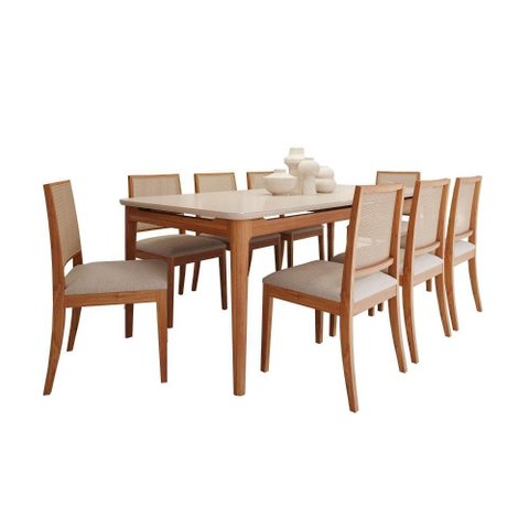 Conjunto  Baobá 2,10m com Mesa em Vidro Off White e  8 Cadeiras Buriti