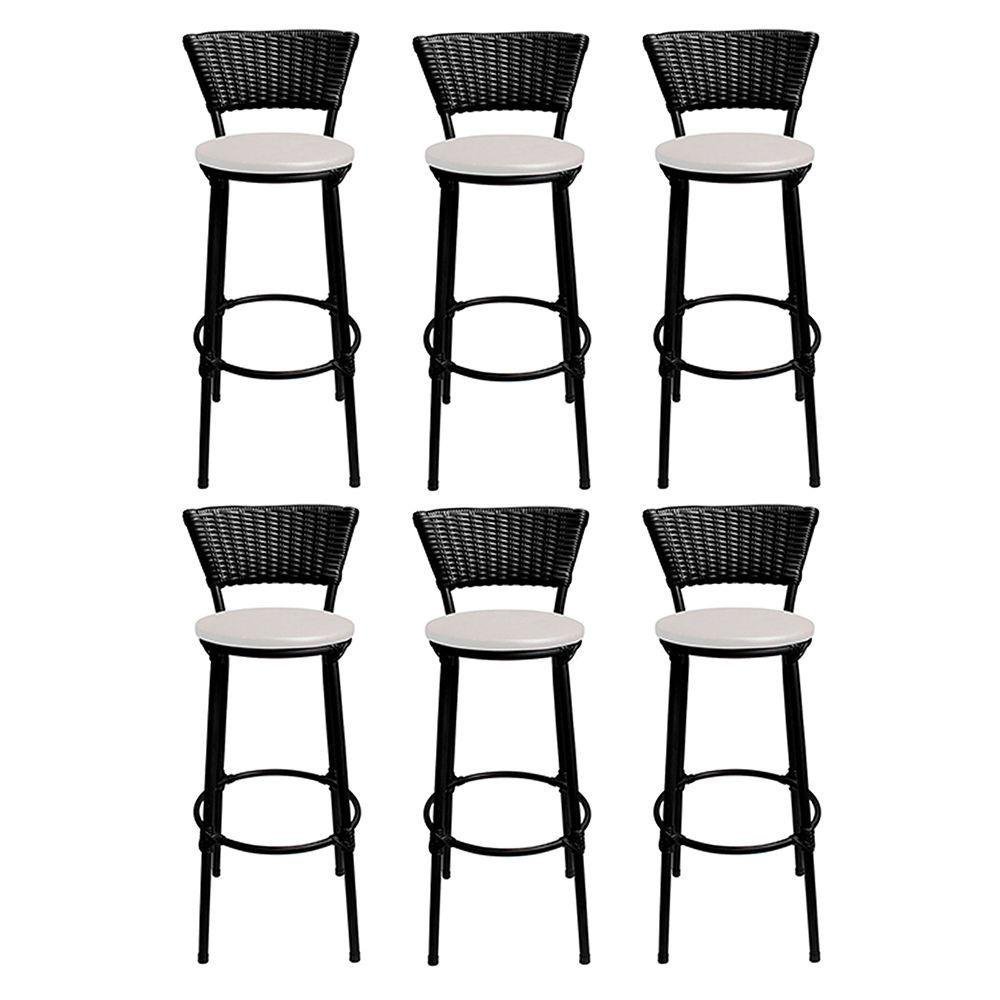 Kit 6 Banquetas Bistrô Cuba Aço Junco Sintético Preto Assento Branco - Cor: Preto - 1