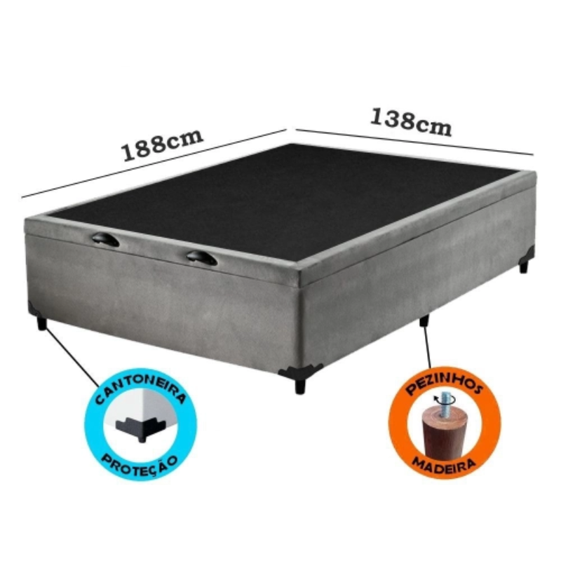 Cama Box Baú Casal Premium 138x188 - Suede Cinza