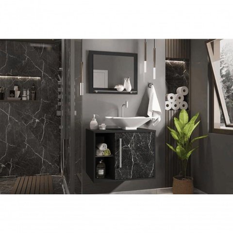 Conjunto Gabinete e Espelheira Bremen para Banheiro Preto Fosco-nero