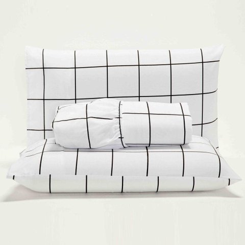 Jogo Cama Lençol Square Queen Quadriculado Percal 180 Fios 3 Peças - Branco