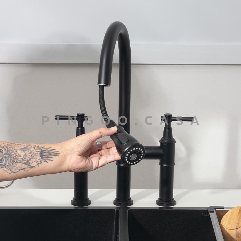 Torneira Para Cozinha Gourmet Inox Misturador Extensível Duplo Comando Içá Pingoo.casa - Preto - 2