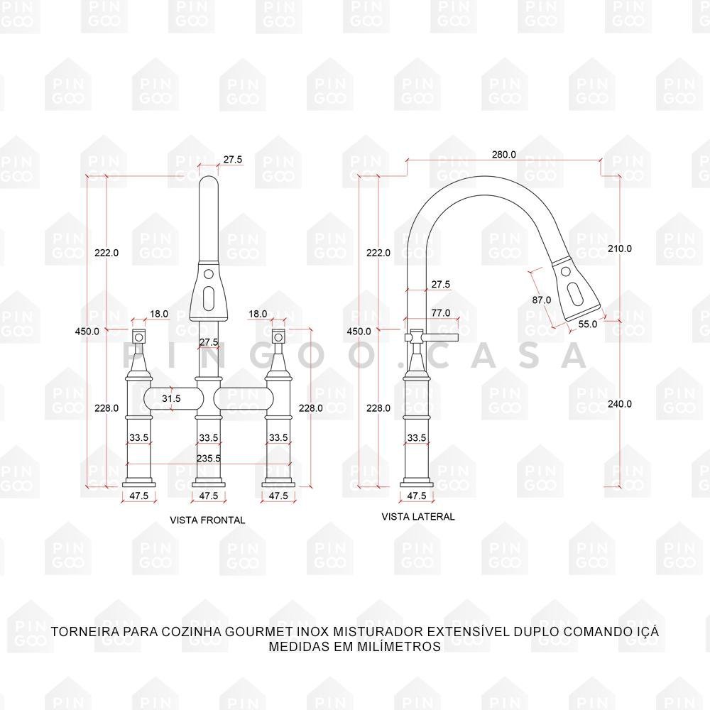 Torneira Para Cozinha Gourmet Inox Misturador Extensível Duplo Comando Içá Pingoo.casa - Preto - 6