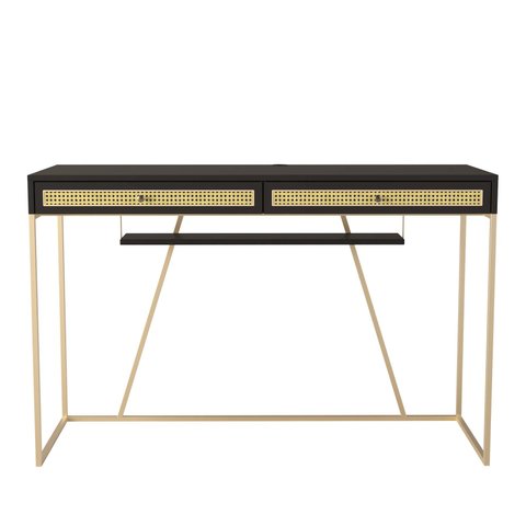Escrivaninha New York 120 Cm 2 Gavetas Palhinha Base Metal Laca Preto