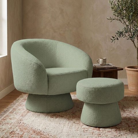 Poltrona Decorativa Giratória com Puff Liz Bouclé Verde Claro - Nexta Casa