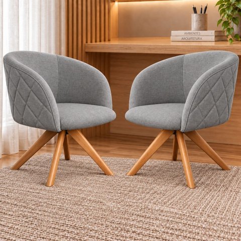 Kit 2 Poltronas Giratória Linho Premium Base Madeira Maciça Maya