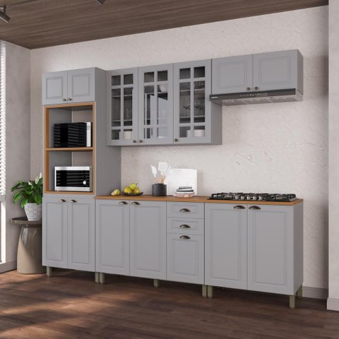 Armário Cozinha Modulada Completa Americana 100% MDF 270cm Provence Multimóveis Crink-CPL007 Cinza