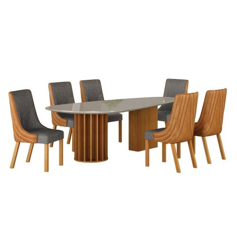 Conjunto Sala de Jantar Mesa Orgânica 200cm 6 Cadeiras Belle com Tampo Vidro Cinamomo/Sintético Terr