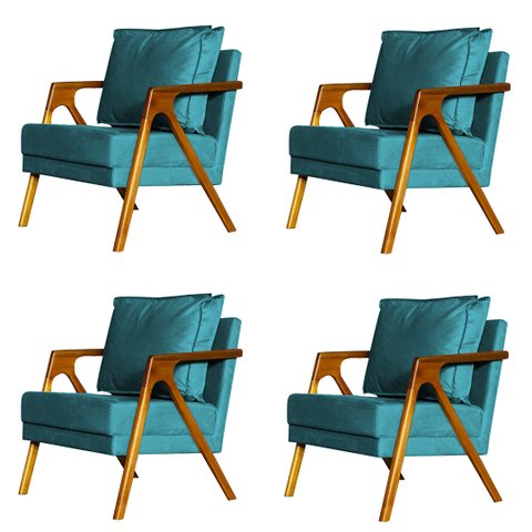 Kit 4 Poltronas Cadeira Mona Luxo Recepção - Suede Azul Turquesa