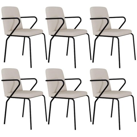 Kit 06 Cadeiras Estofada para Sala de Jantar com Braço Loft Preto C01 Linho Areia - Lyam Decor