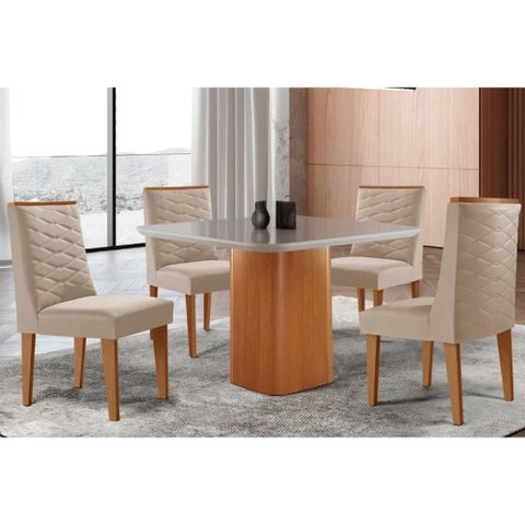 Conjunto: Mesa Sala Jantar Maldivas Tampo c/ Vidro Curvo 90cm+4 Cadeiras Dafne Madeira Naturale/Off