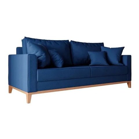 Sofá 3 Lugares Beny Base de Madeira Linho Azul Marinho