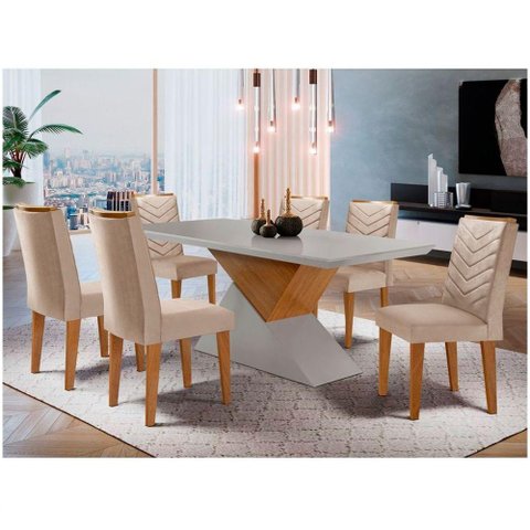 Mesa Aster 180 Tampo Em Mdf Canto Reto Com 6 Cadeiras Liz Moderna Creme, Off White E Imbuia