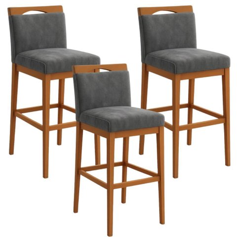 Kit 3 Banquetas Alta Cozinha Gourmet Conforto Suede:suede Cinza