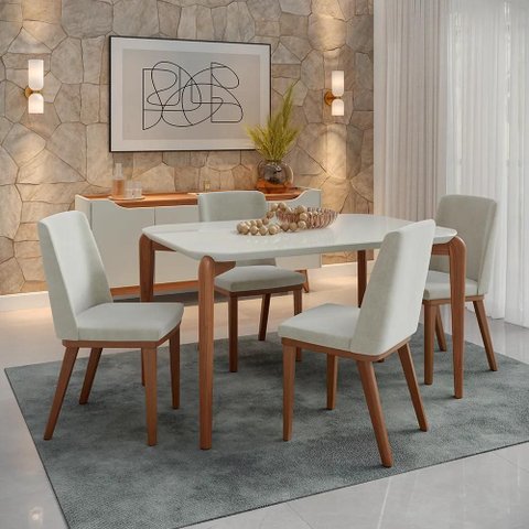 Conjunto de Jantar Mesa Retangular com Vidro Donatella 4 Cadeiras Kalina - Natural C/ Palha
