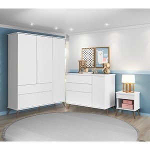 Roupeiro Infantil com Cômoda e Mesa de Apoio Melinda Branco 100% Mdf - Phoenix Baby
