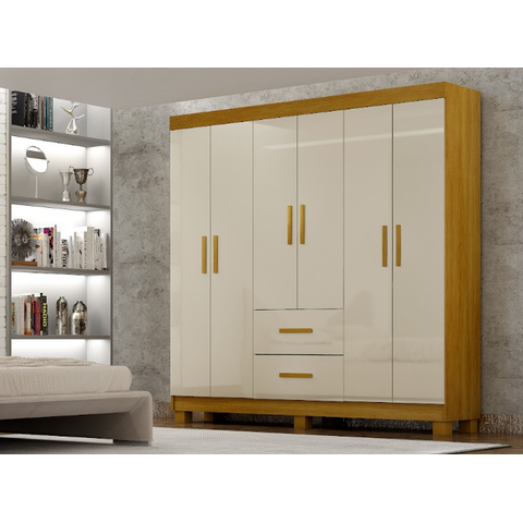 Guarda Roupa Solteiro 6 Portas 2 Gavetas com Pés 148cm Cali Cinamomo/Off White - CHF Móveis