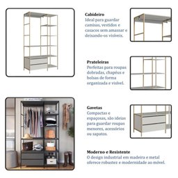 Guarda Roupa Closet Grande Industrial 2 Gavetas P1025 Arena Dourado Placa e Ponto - 4