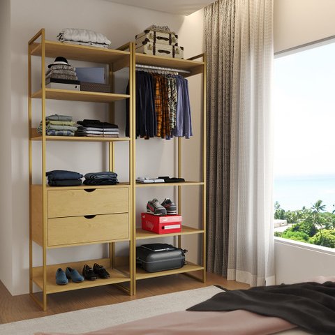 Guarda Roupa Aberto Industrial Casal 2 Módulos Canela Cabideiro com Gavetas Base Dourada