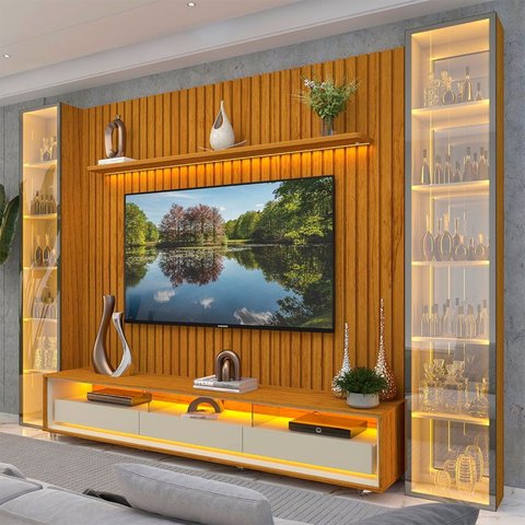Rack Painel Ripado para TV até 85 Polegadas com LED 100% MDF 304,8cmx224cm Rodízios Esp Nobre Clean Requinte Luminare Marrom Naturale/Off White