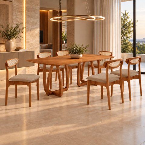 Conjunto de Mesa de Jantar Ello Tampo 180cm Barril Laminado com 6 Cadeiras Mônaco Premium