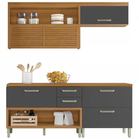 Cozinha Modulada 3 Peças Ripado Nesher Princesa Mdf - Freijó / Grafite
