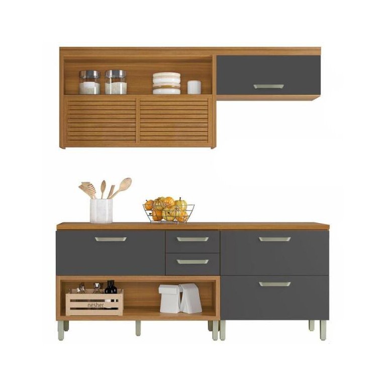 Cozinha Modulada 3 Peças Ripado Nesher Princesa Mdf - Freijó / Grafite