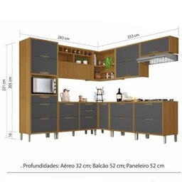 Cozinha Modulada 9 Peças Ripado Nesher Imperatriz Ângulo Mdf - Freijó / Grafite - 9