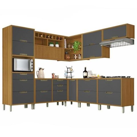 Cozinha Modulada 9 Peças Ripado Nesher Imperatriz Ângulo Mdf - Freijó / Grafite