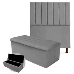 Kit Cabeceira + Calçadeira Baú Cancun Solteiro 100cm Suede - Ecotec Decor:Cinza - 1
