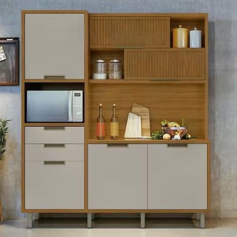 Kit Cozinha Completa Modulada Loft 6 Portas 2 Gavetas Ripado MDF Freijó/Off White