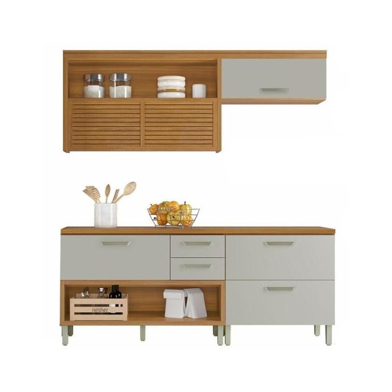 Cozinha Modulada 3 Peças Ripado Princesa Mdf - Freijo/off White -nesher Cozinha Modulada 3 Peças Ripado Princesa Mdf - Freijo/off White -nesher