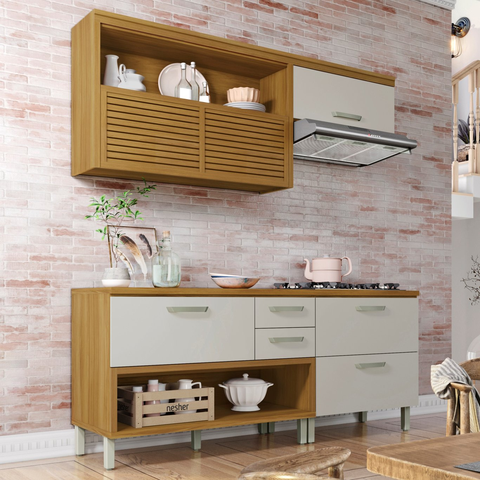 Cozinha Modulada Ripado Princesa 3 Pecas MDF Freijó/Off White - Nesher