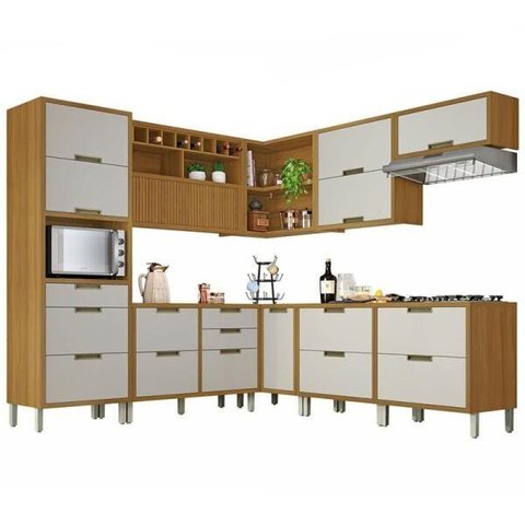 Cozinha Modulada 9 Peças Ripado Imperatriz Ângulo Mdf - Freijo / Off White- Nesher