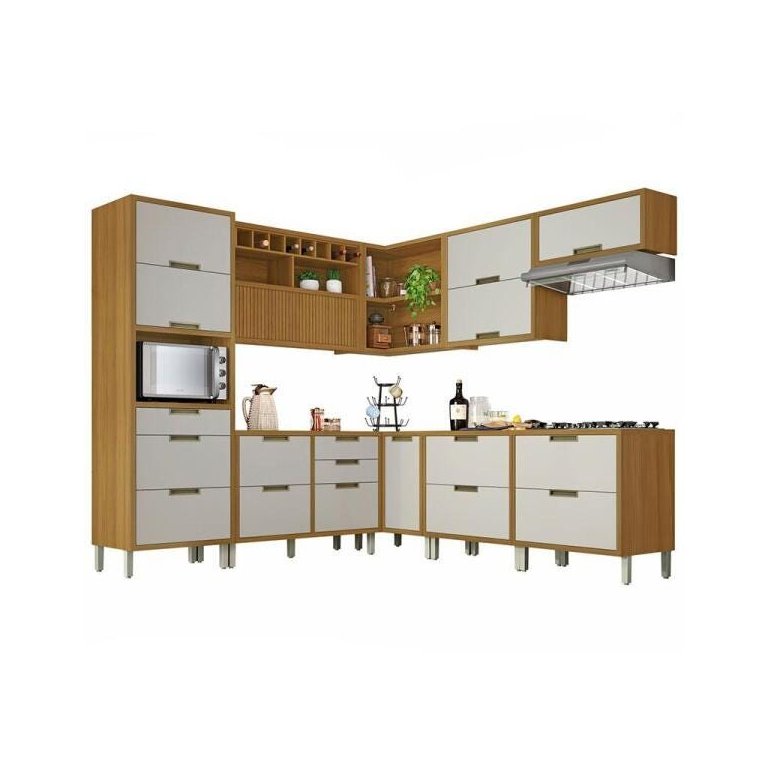 Cozinha Modulada 9 Peças Ripado Imperatriz Ângulo Mdf - Freijo / Off White- Nesher