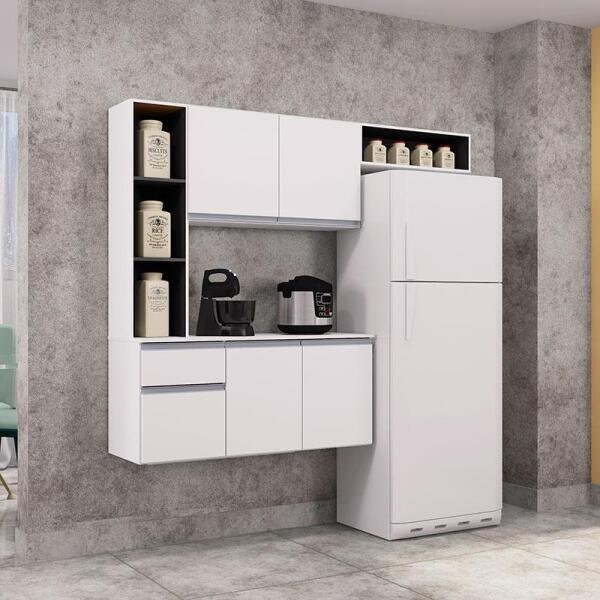 Cozinha Compacta Supensa com Balcão Mel 163-Poquema - Branco / Preto - 3