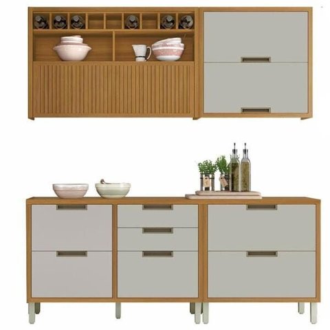 Cozinha Modulada Imperatriz 4 Peças com 2 Balcões e 2 Armários Aéreos Freijó/Off White - Nesher