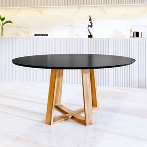 Mesa Redonda Jantar 90cm Livia Preta Base Madeira Maciça
