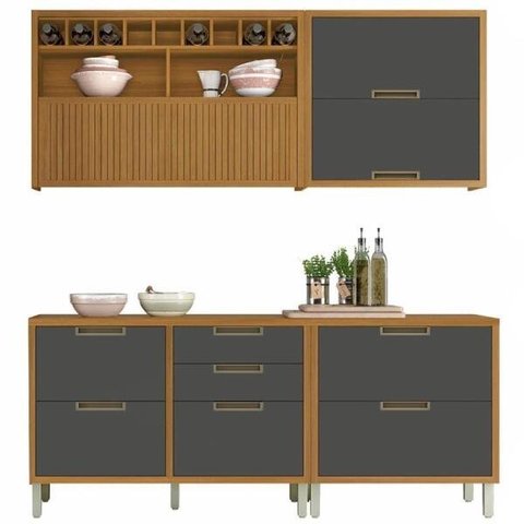 Cozinha Modulada 4 Peças Ripado Nesher Imperatriz Mdf - Freijó / Grafite